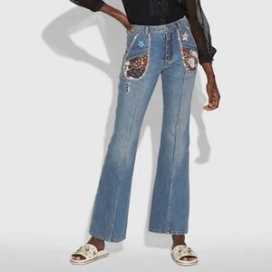 Coach Women's Retro Denim Patchwork Sequin Embroidered Jeans High Waist Size 8